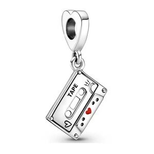 Silver Cassette Tape Charm with Red Heart
